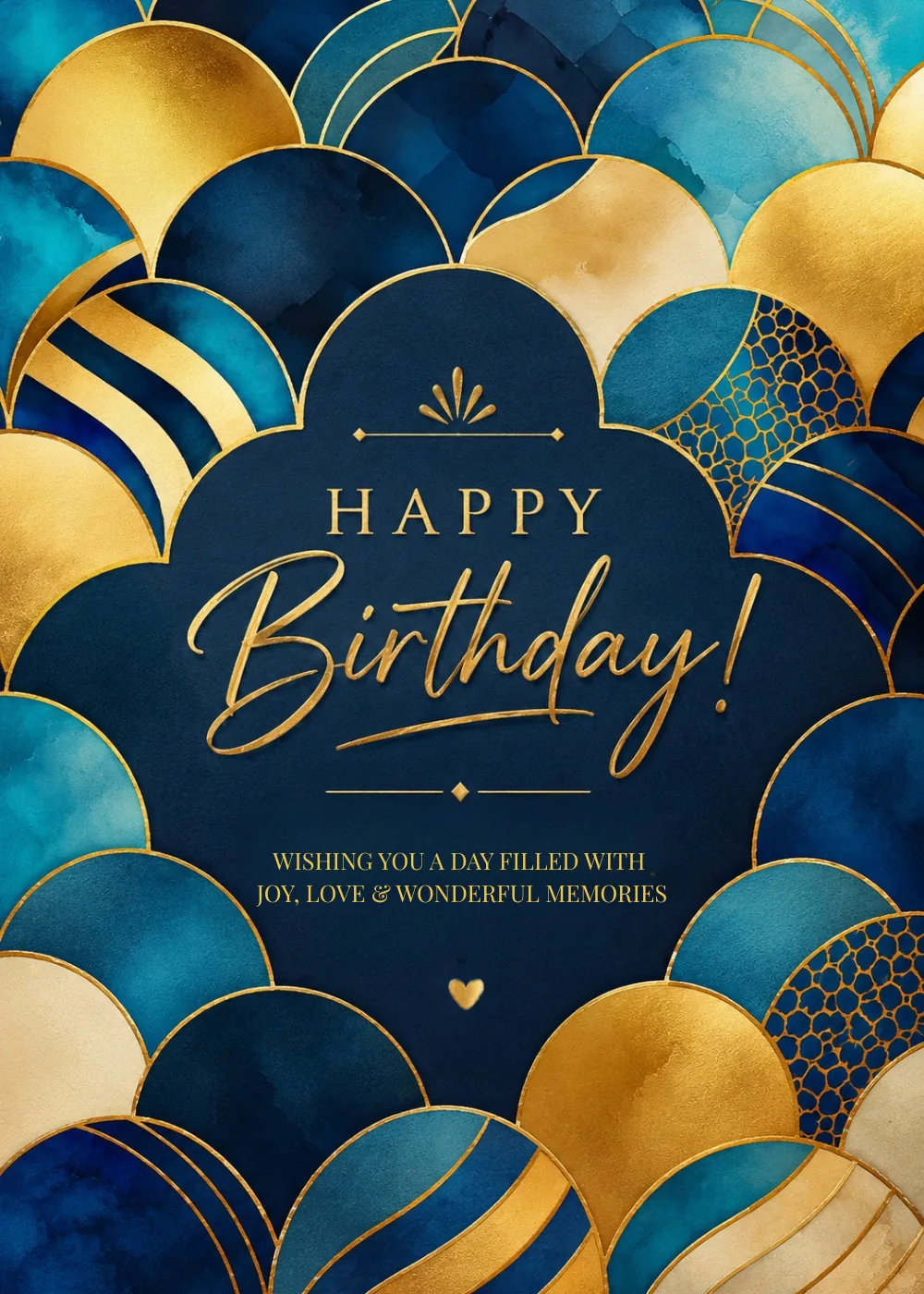 Gold and blue scale pattern card reading happy birthday