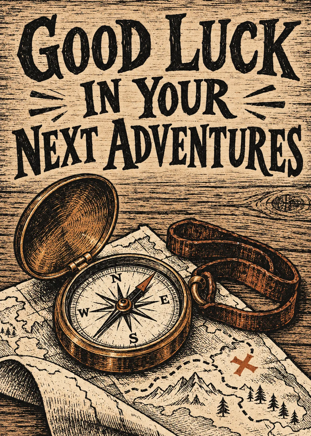 Good luck card with brass compass on a treasure map, bold hand-lettered text on wood grain in brown and cream