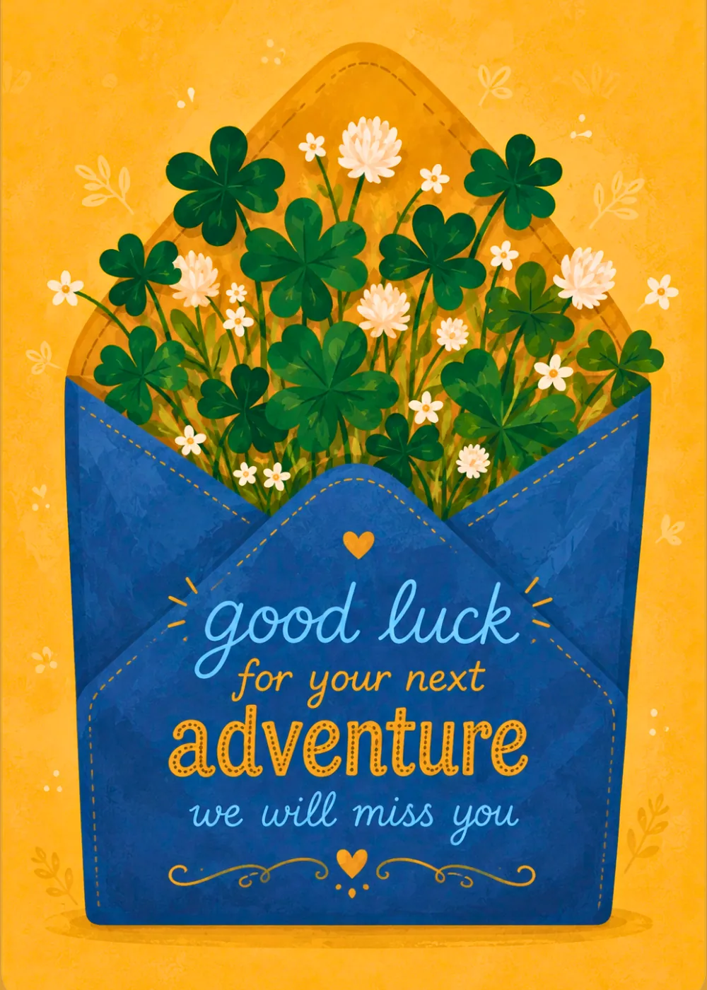 Blue envelope of clovers on a Good Luck Next Adventure farewell card