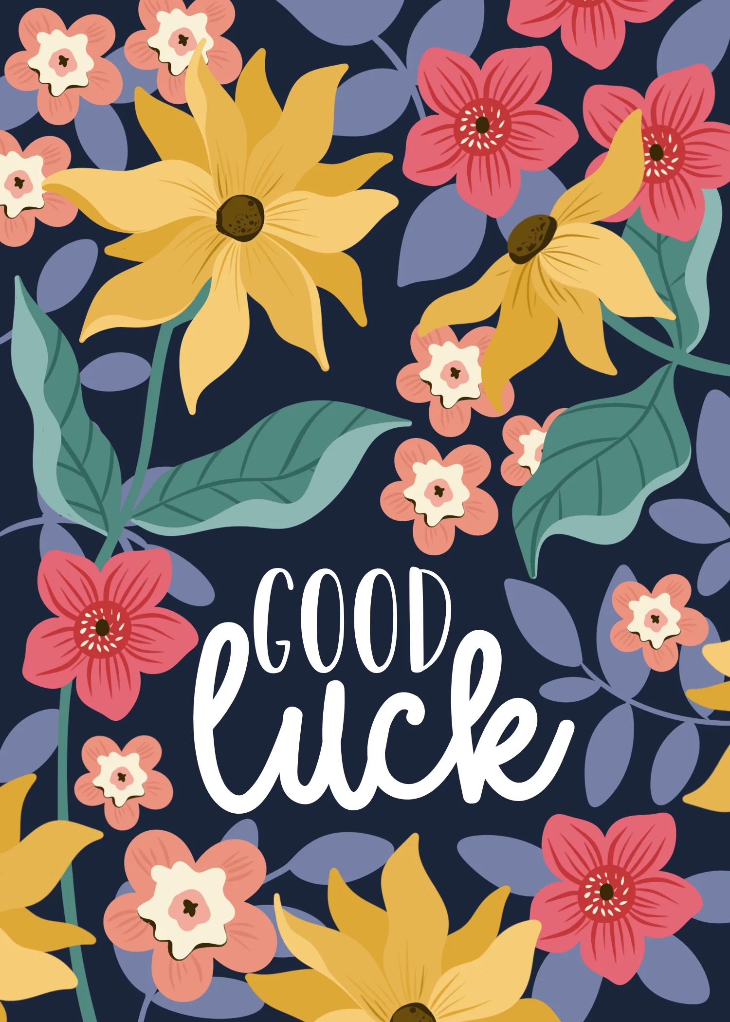 Floral card with golden wildflowers surrounding good luck text