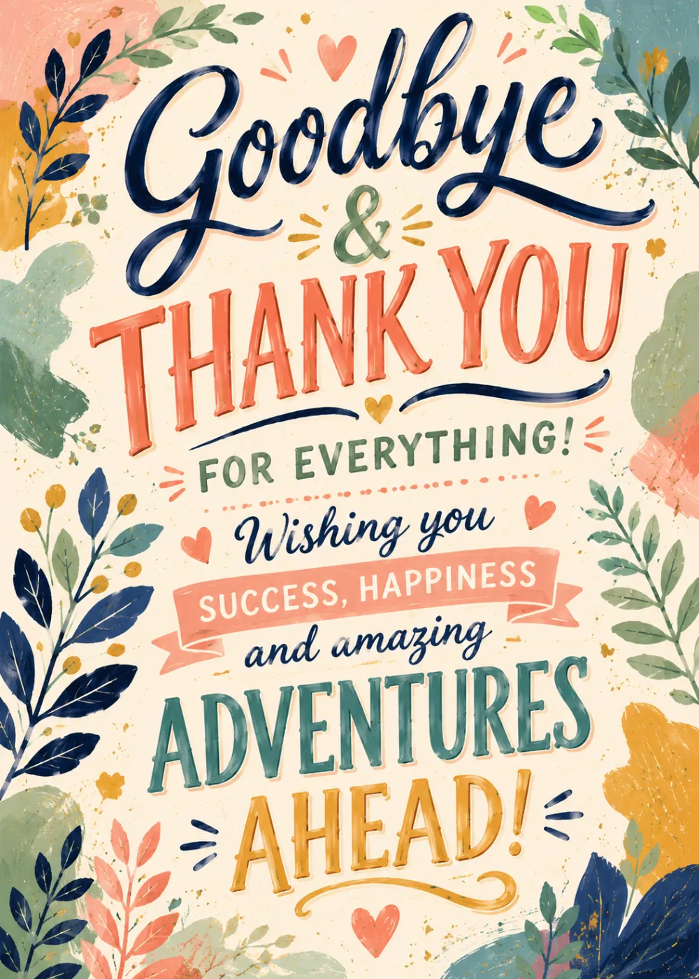 Goodbye and thank you farewell card with hand-lettered text and teal and coral botanical accents