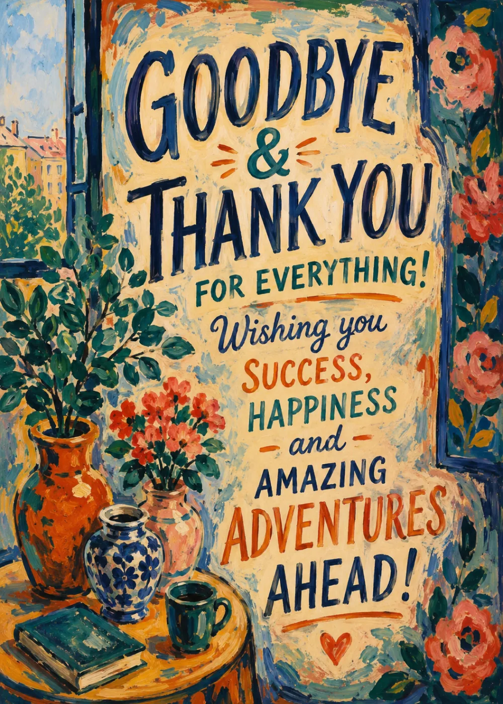 Goodbye and thank you farewell card with bold text over a painterly window and plant scene