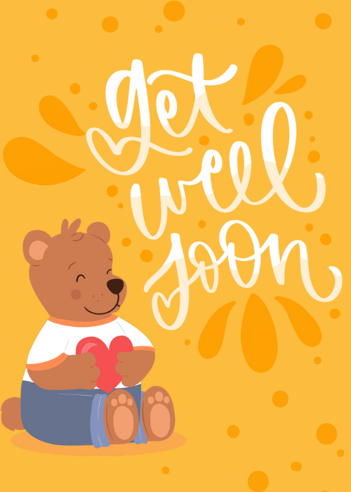Bright golden yellow get well soon card with a cute illustrated brown teddy bear in blue jeans and white shirt holding a red heart, hand-lettered white script reading get well soon, and decorative teardrop splash shapes in the background