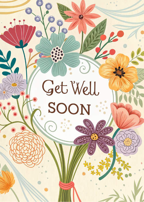 Get well soon card with rich vibrant illustrated floral design featuring bold blooms in warm saturated colors and a heartfelt get well soon message