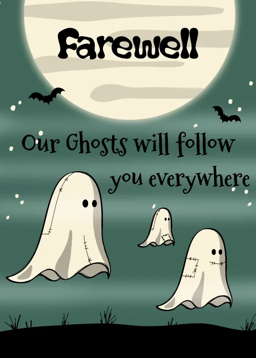 Halloween farewell card with three friendly patchwork ghosts, bats and a full moon on a teal night sky Halloween farewell card with three friendly patchwork ghosts, bats and a full moon on a teal night sky
