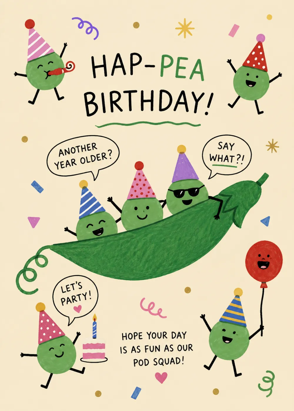 Cute birthday card with illustrated green pea pods and Hap-Pea Birthday pun lettering