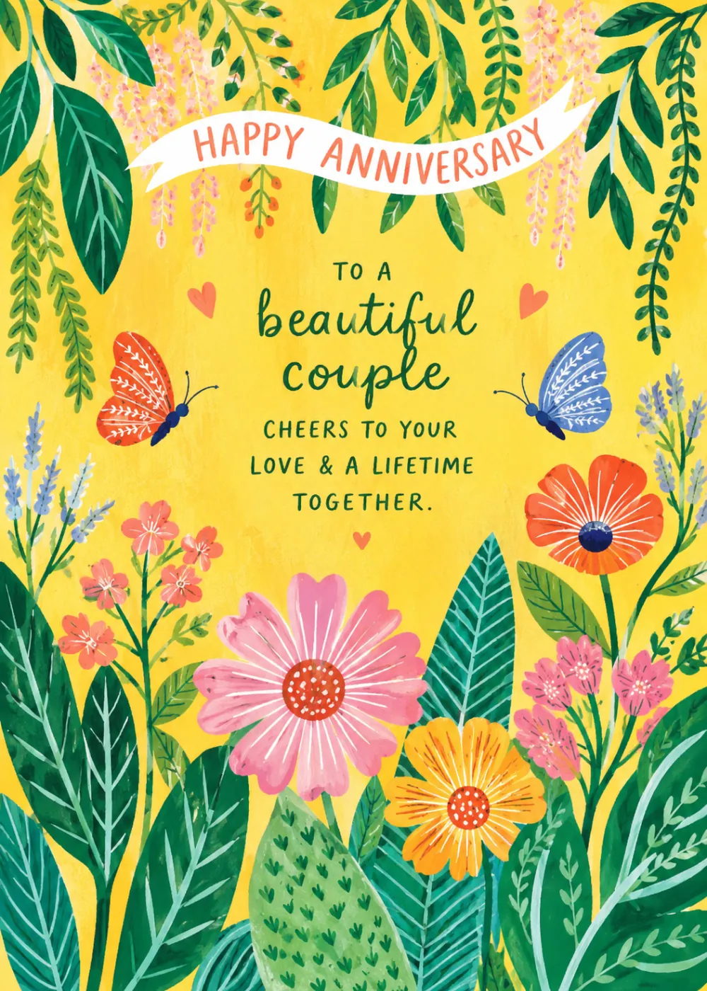 Wedding anniversary card with lush tropical botanical florals butterflies and To a Beautiful Couple message