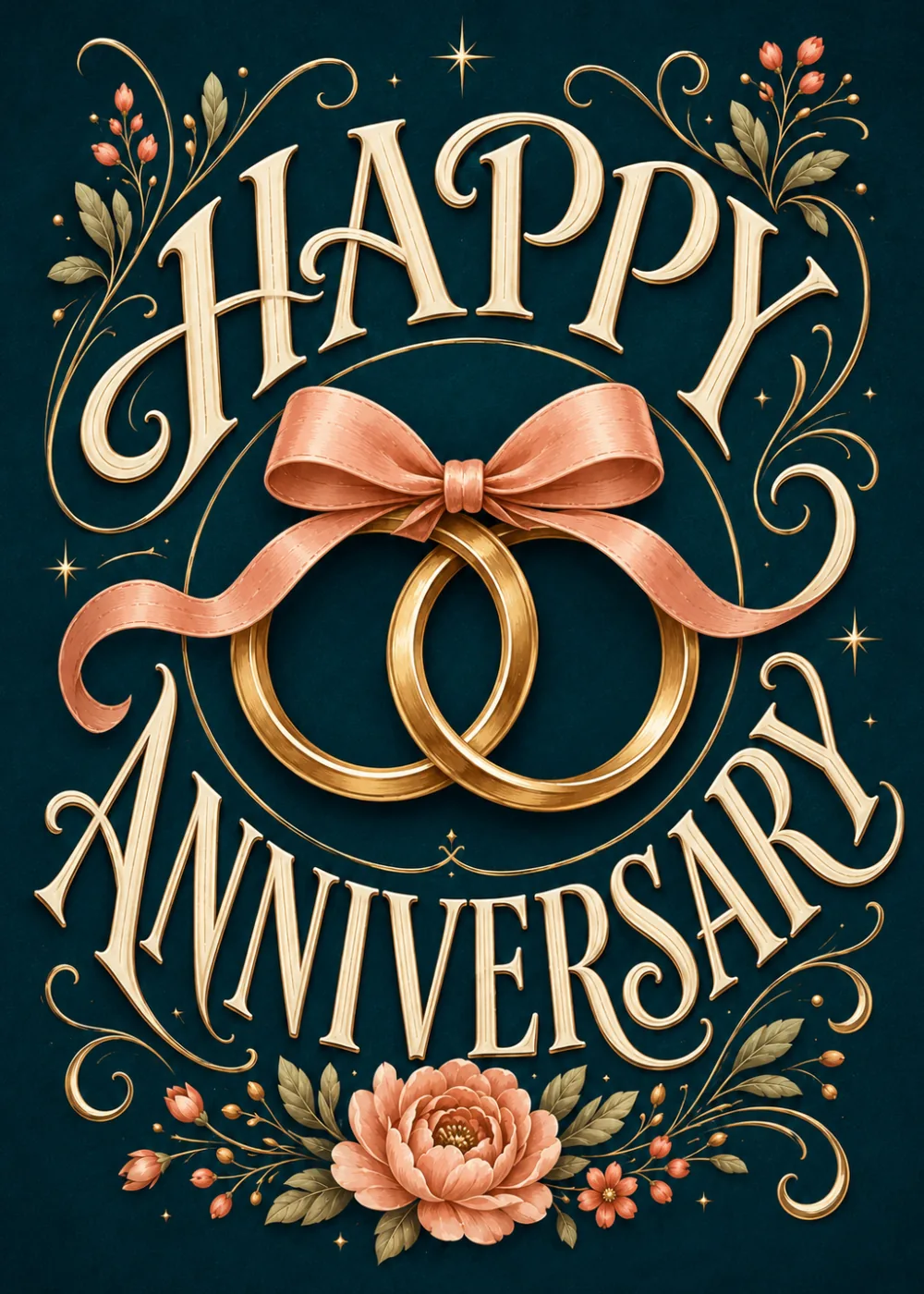Interlocking gold rings with a rose gold bow and peony under ornate Happy Anniversary type