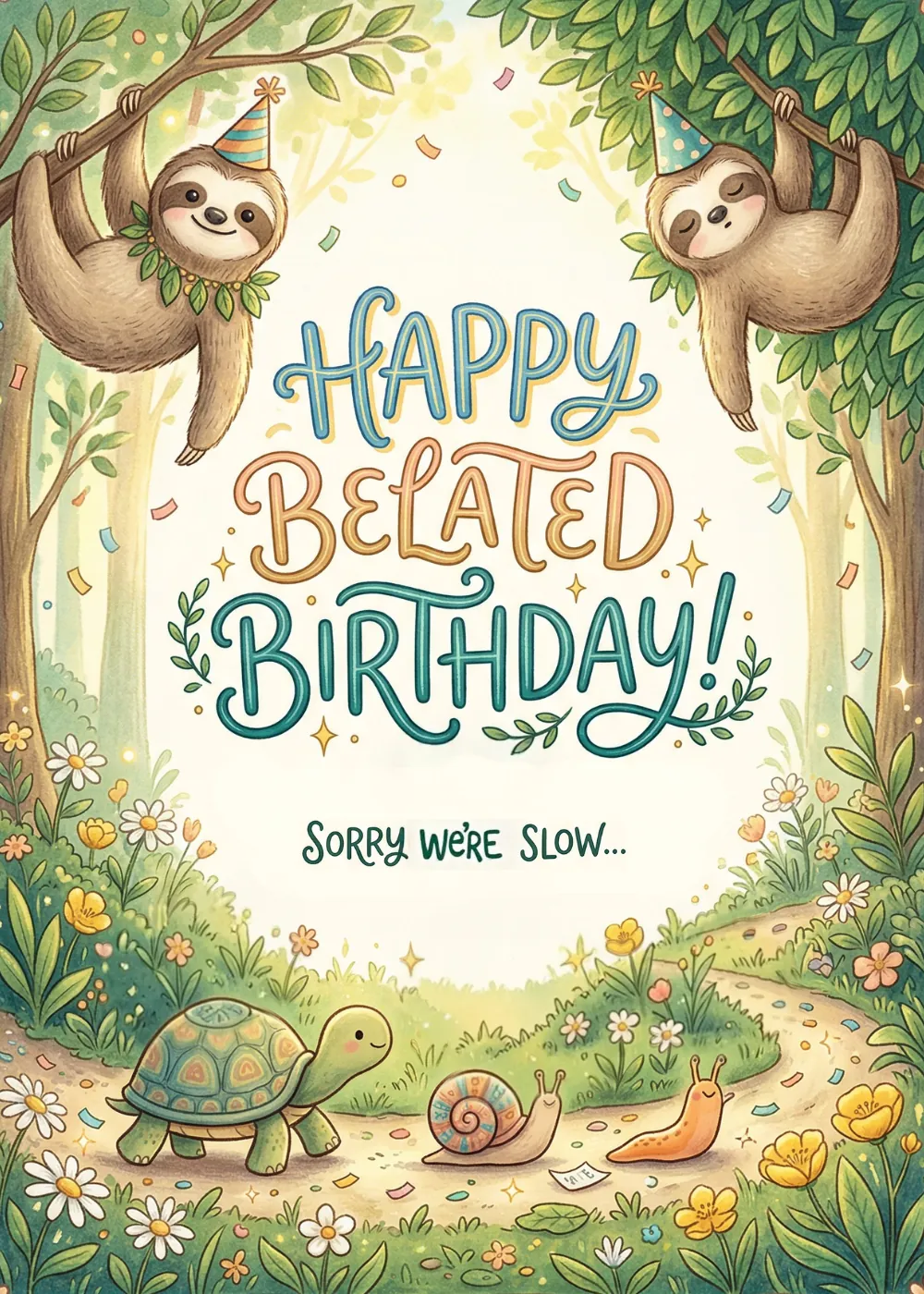 Two cute sloths hanging in a tree with the text Happy Belated Birthday! Sorry we're slow...
