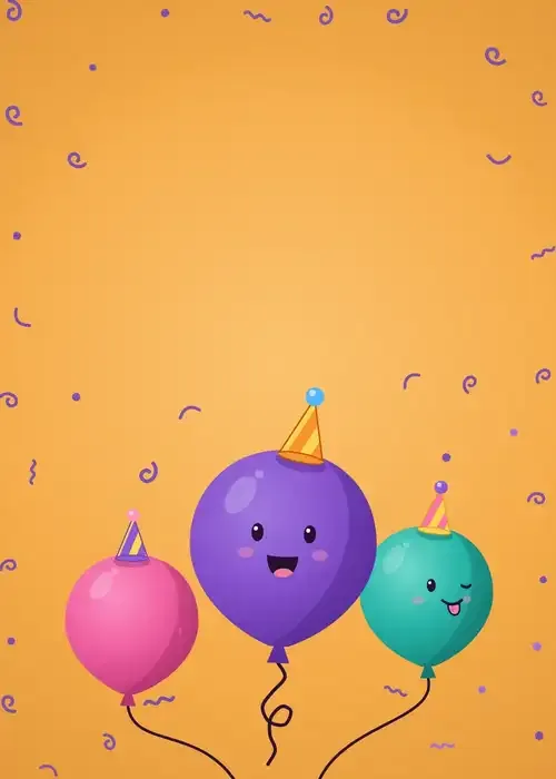 Animated balloons with tiny faces and a party hat on orange with text happy birthday