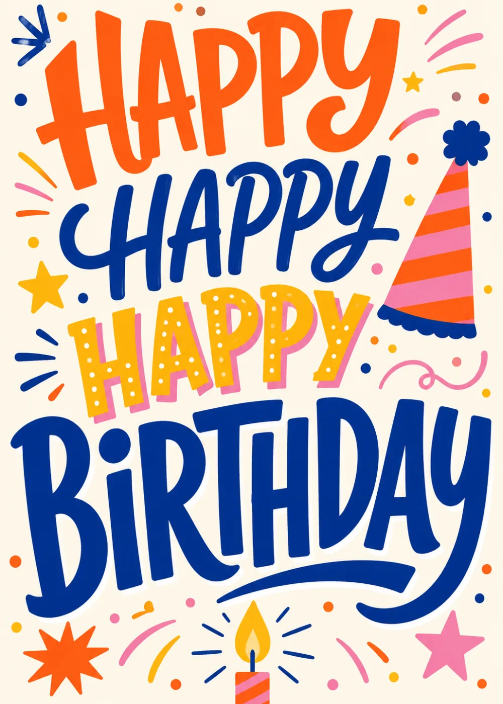 Bold orange, blue and yellow brush lettering with a party hat, candle and confetti on cream