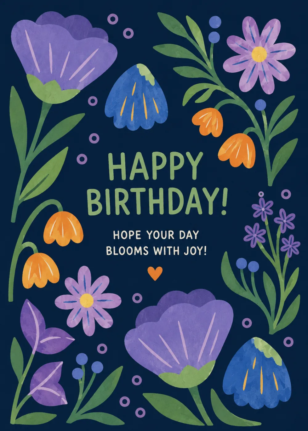 Elegant birthday card with colorful botanical wildflowers and foliage on a deep navy background