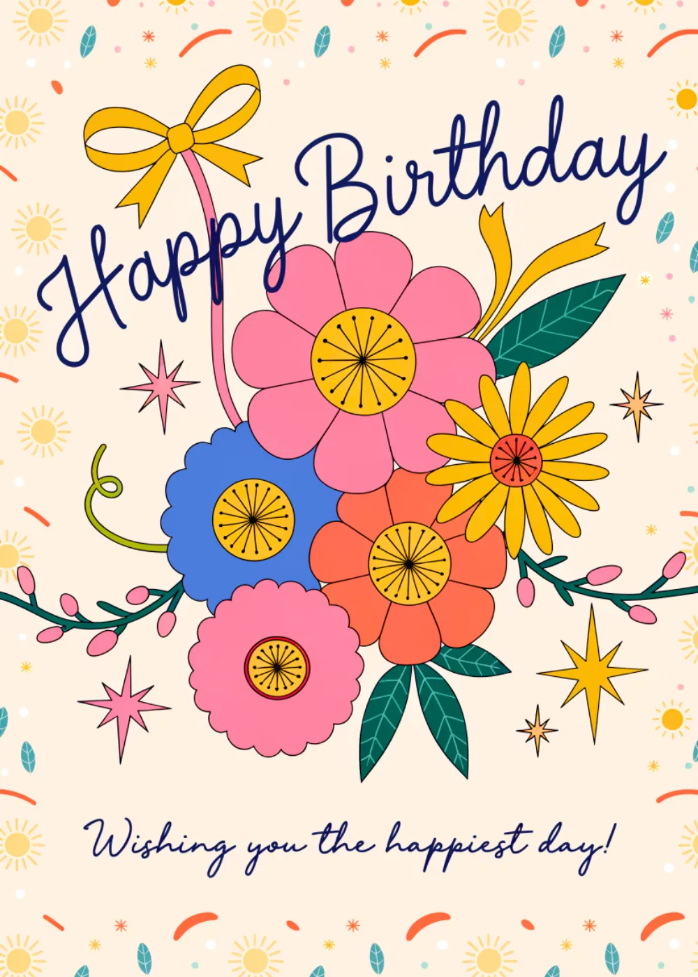 Colorful illustrated flower bouquet with yellow bow and script Happy Birthday on confetti background