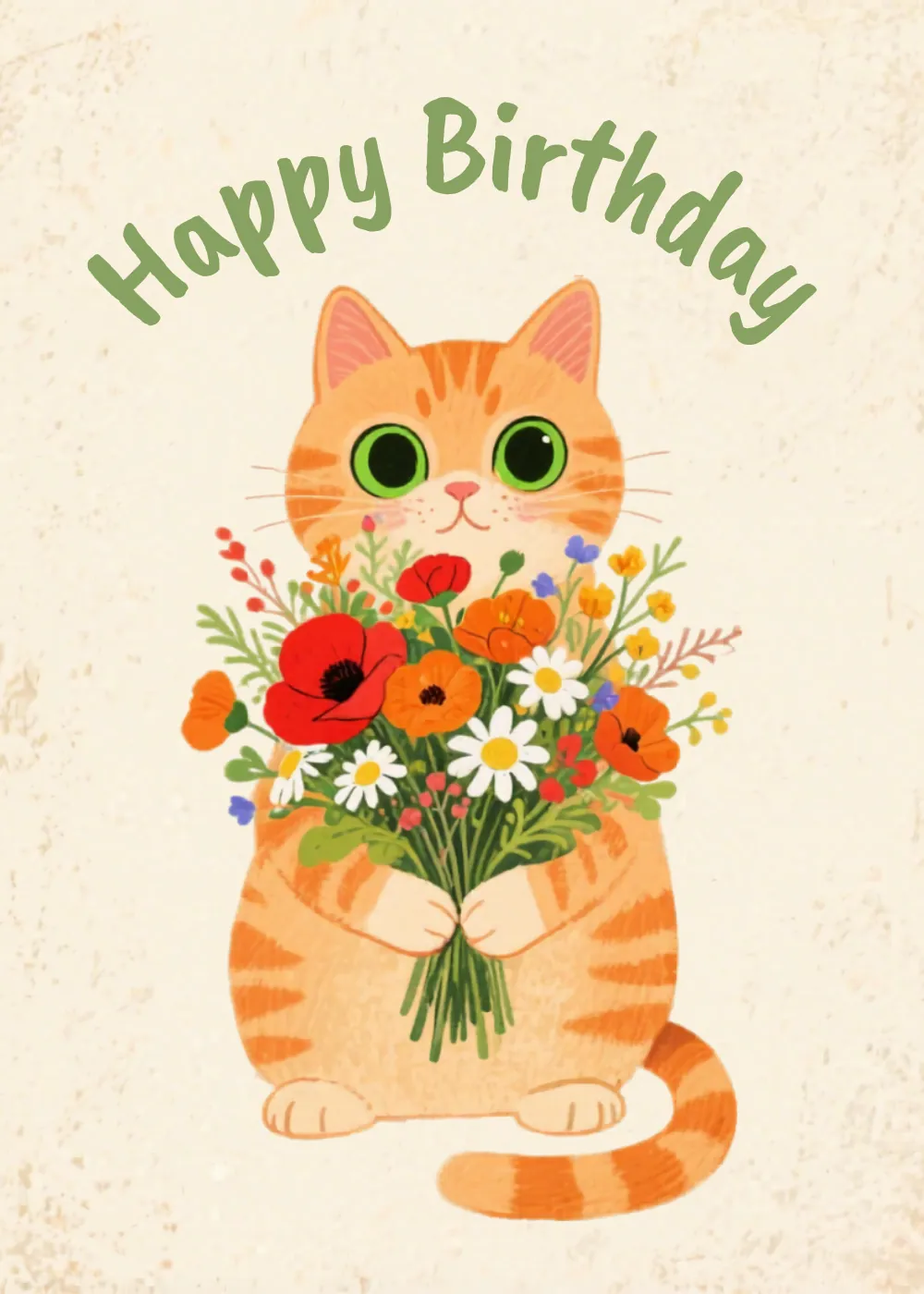 A cute orange cat holding a large bouquet of colorful flowers with the text Happy Birthday.