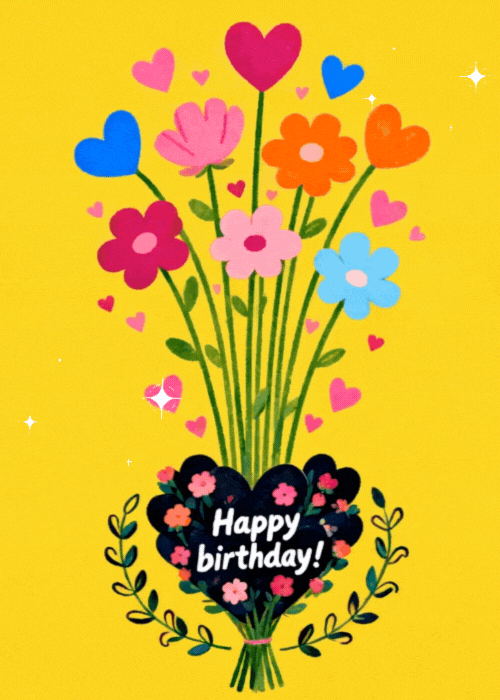Animated blooming flowers and fireworks with the text Happy Birthday!