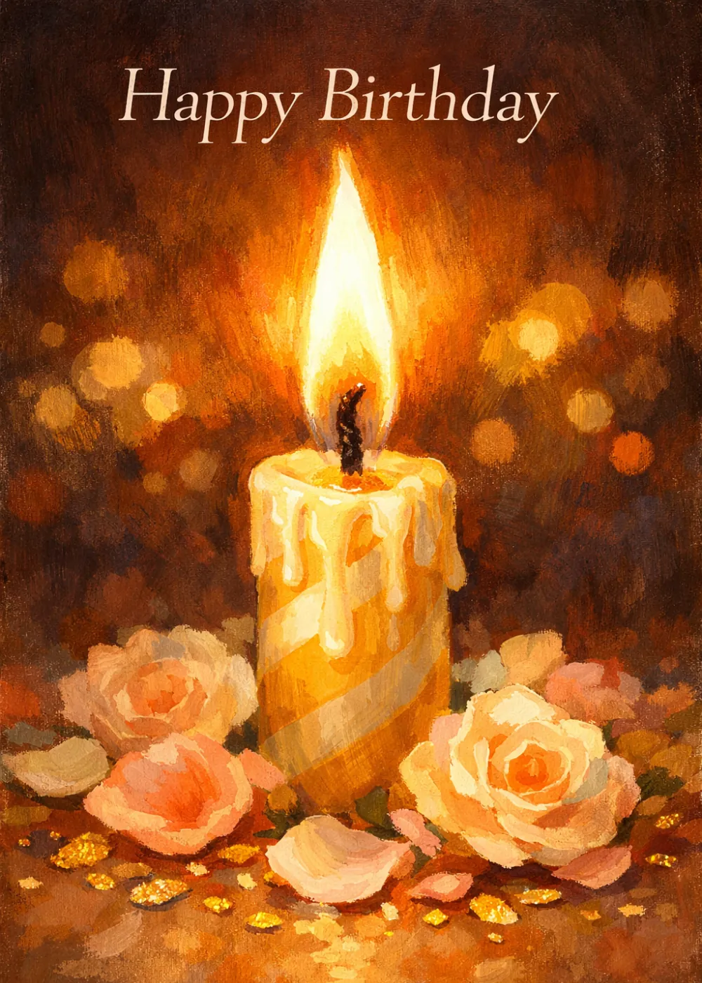 A glowing birthday candle surrounded by roses and golden light spots with text Happy Birthday.