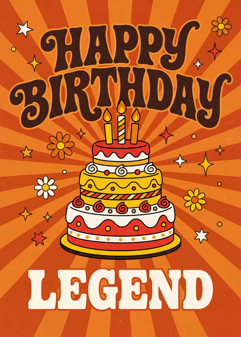 A retro-style three-tiered birthday cake with sunbeams and the text Happy Birthday Legend.