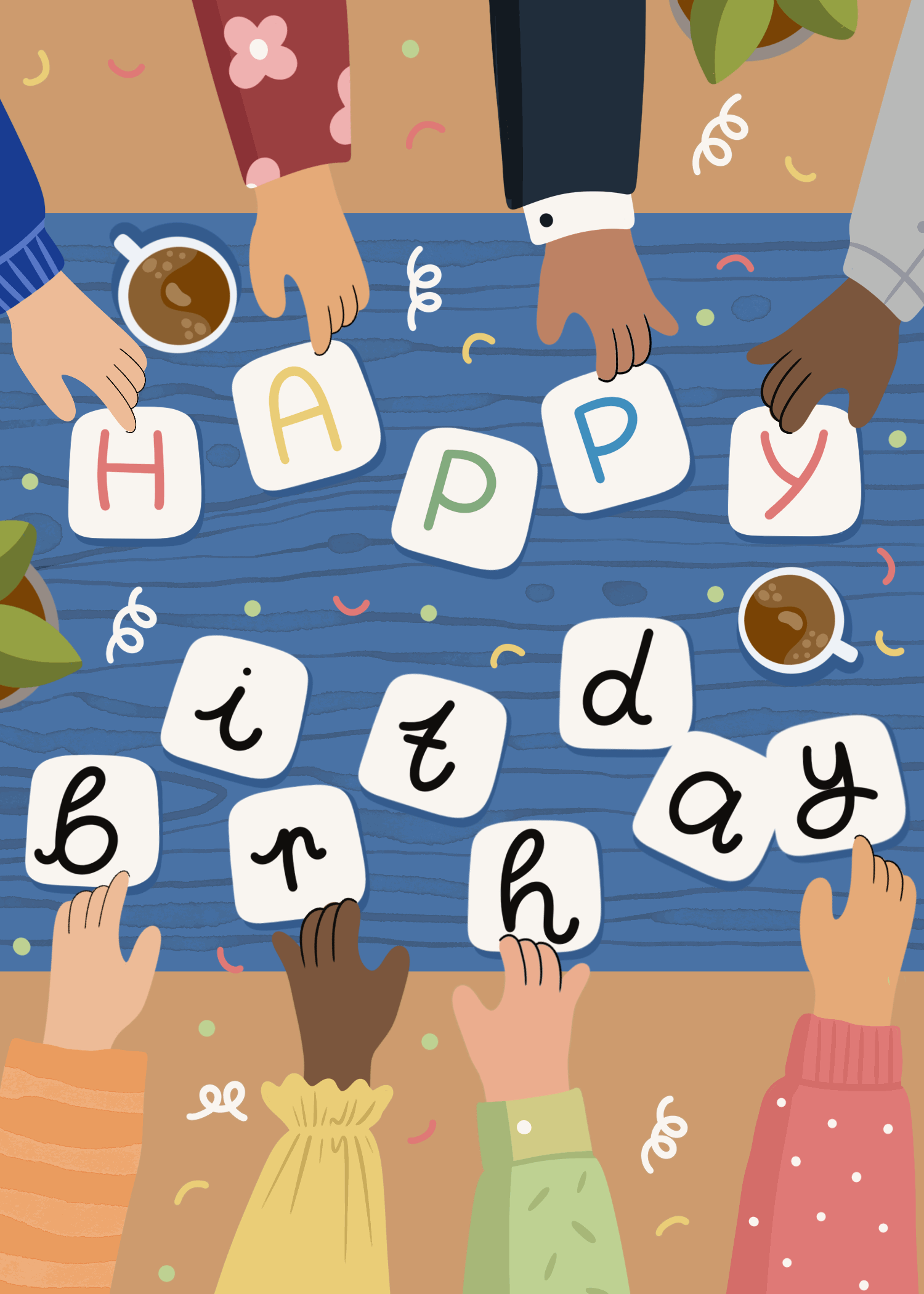 Animated hands arranging letter tiles spelling Happy Birthday