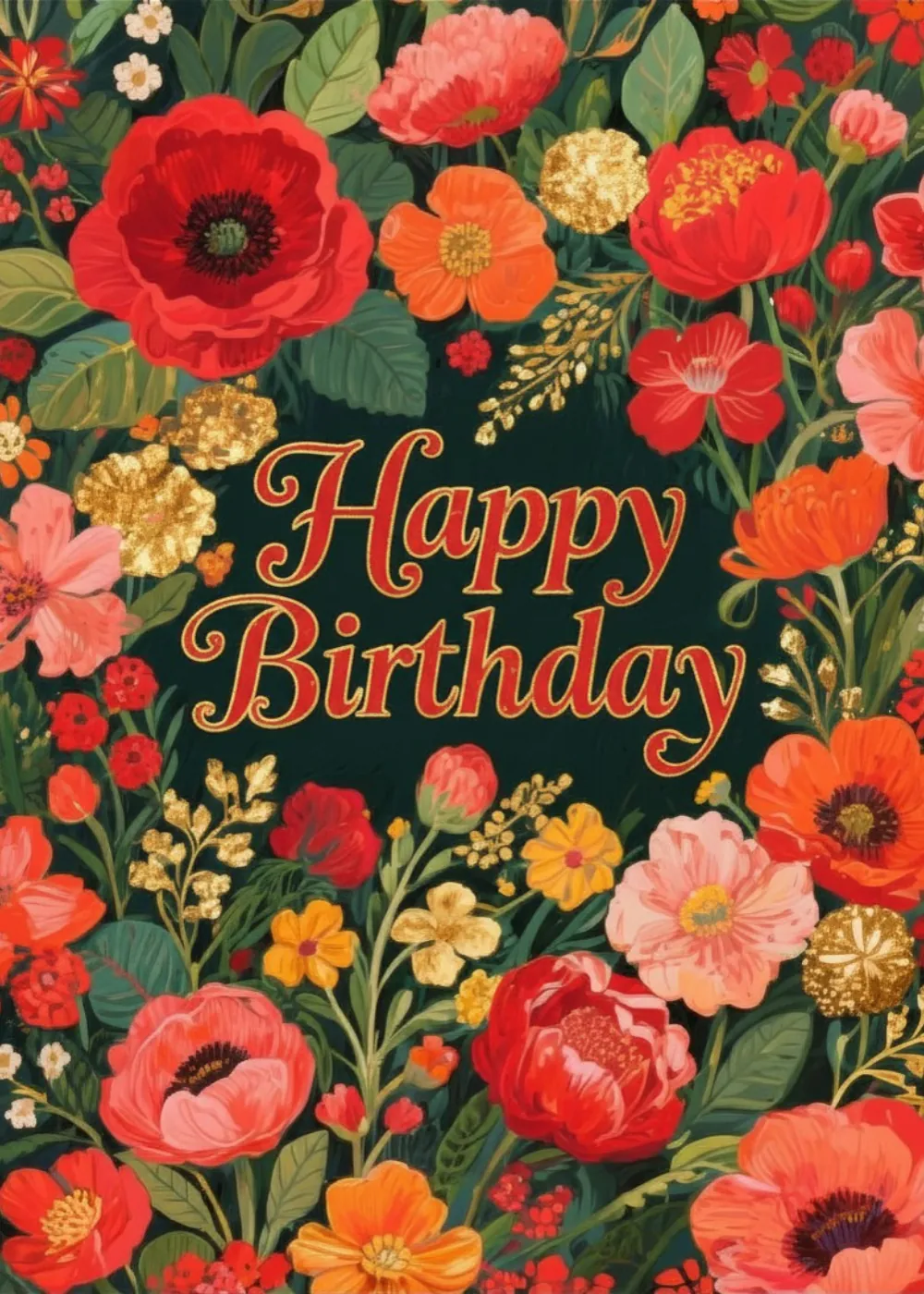 A dense arrangement of vibrant red roses and green leaves with the text Happy Birthday.