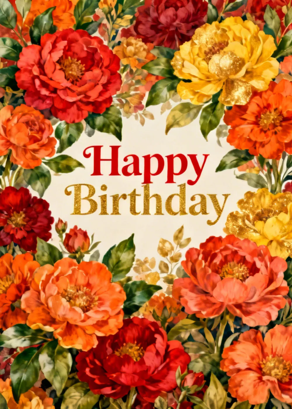 A vibrant pattern of orange, yellow, and red flowers with the text Happy Birthday.