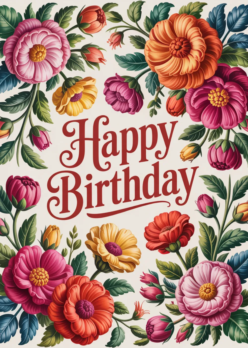 An intricate and dense pattern of colorful flowers with the text Happy Birthday.