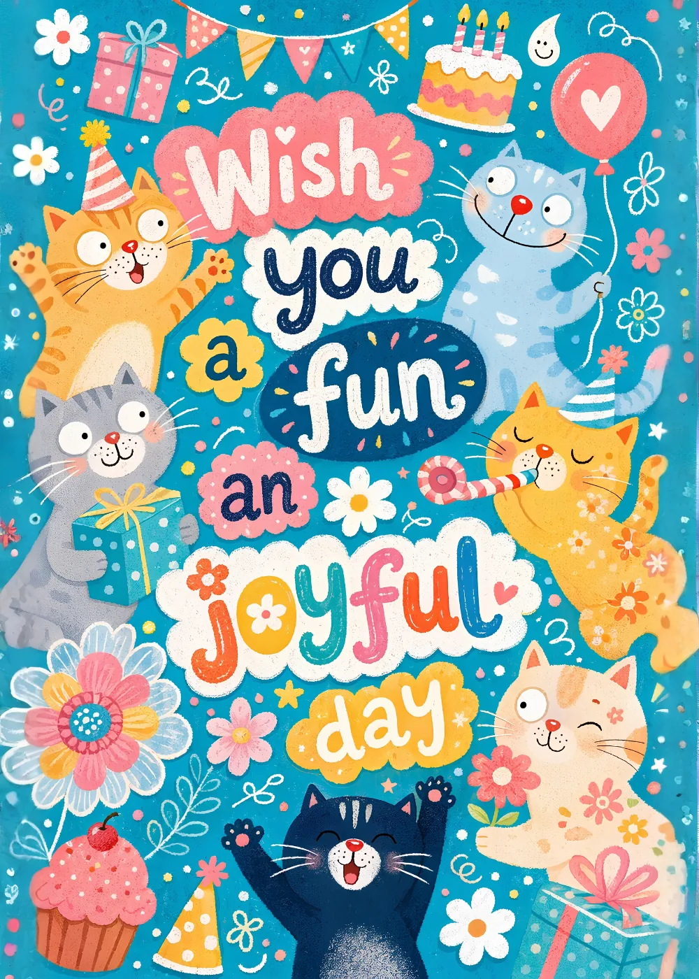 Colorful cartoon cats with balloons and cake celebrating on a bright turquoise birthday card