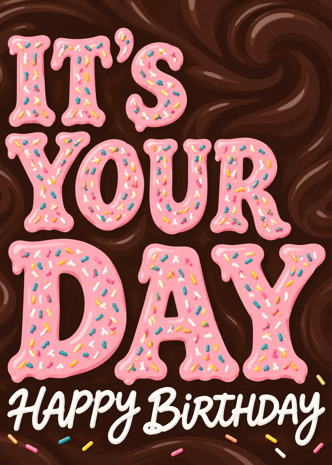 Its your day Happy Birthday in pink frosted sprinkle letters on swirling chocolate background Its your day Happy Birthday in pink frosted sprinkle letters on swirling chocolate background