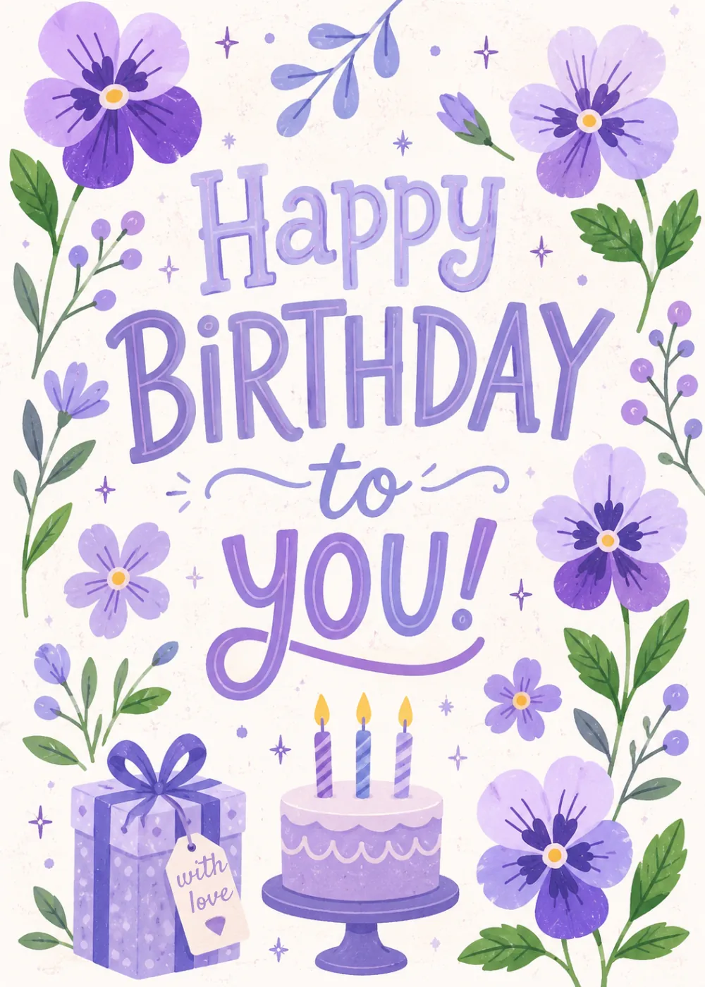 Purple pansies around a lavender cake on a Happy Birthday to You card