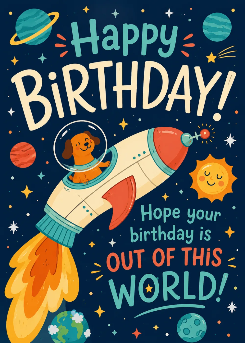 Cartoon dog in a space helmet flying a rocket past planets on a navy birthday card