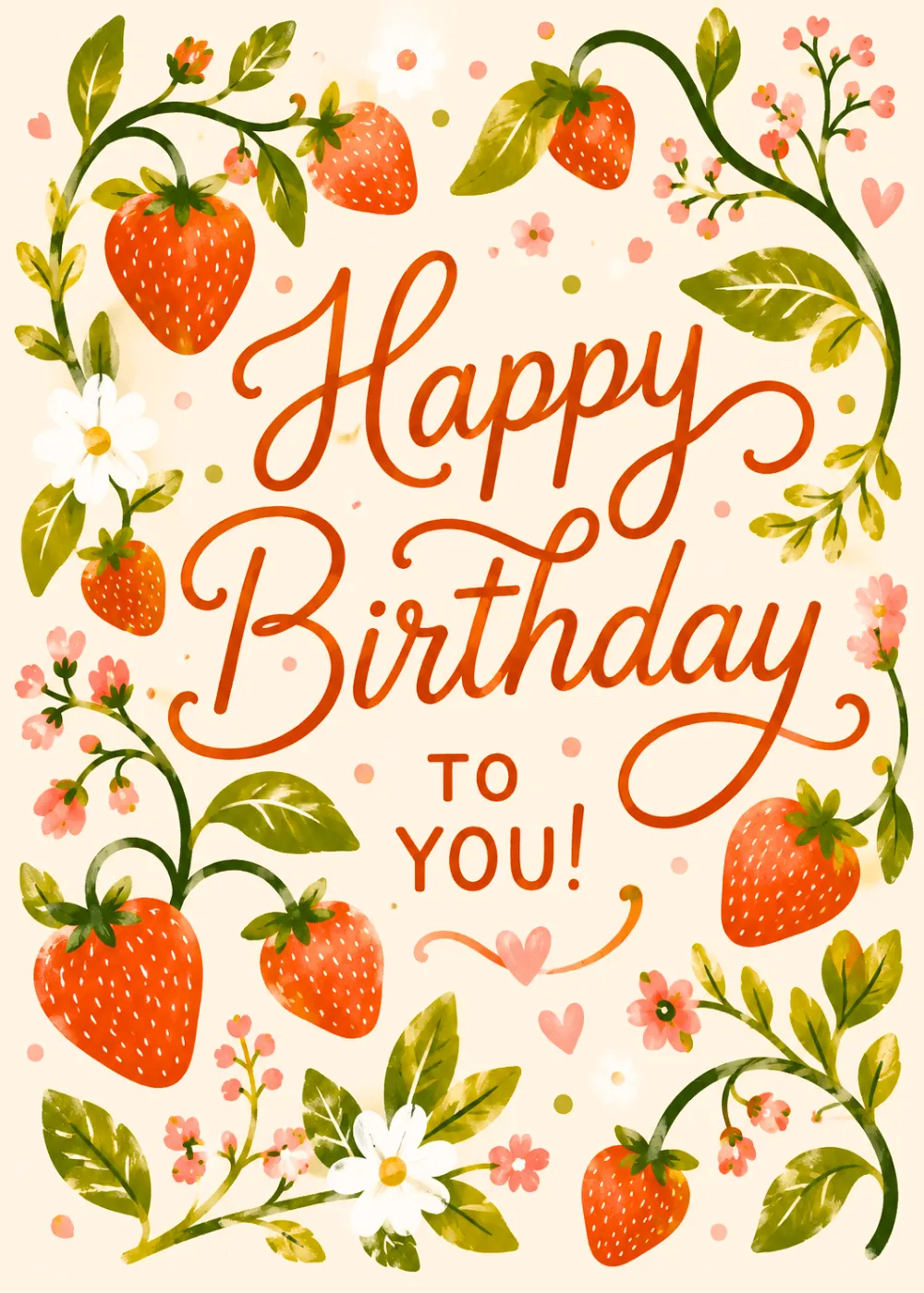 Birthday card with trailing illustrated strawberry vines white blooms and Happy Birthday To You in warm script lettering