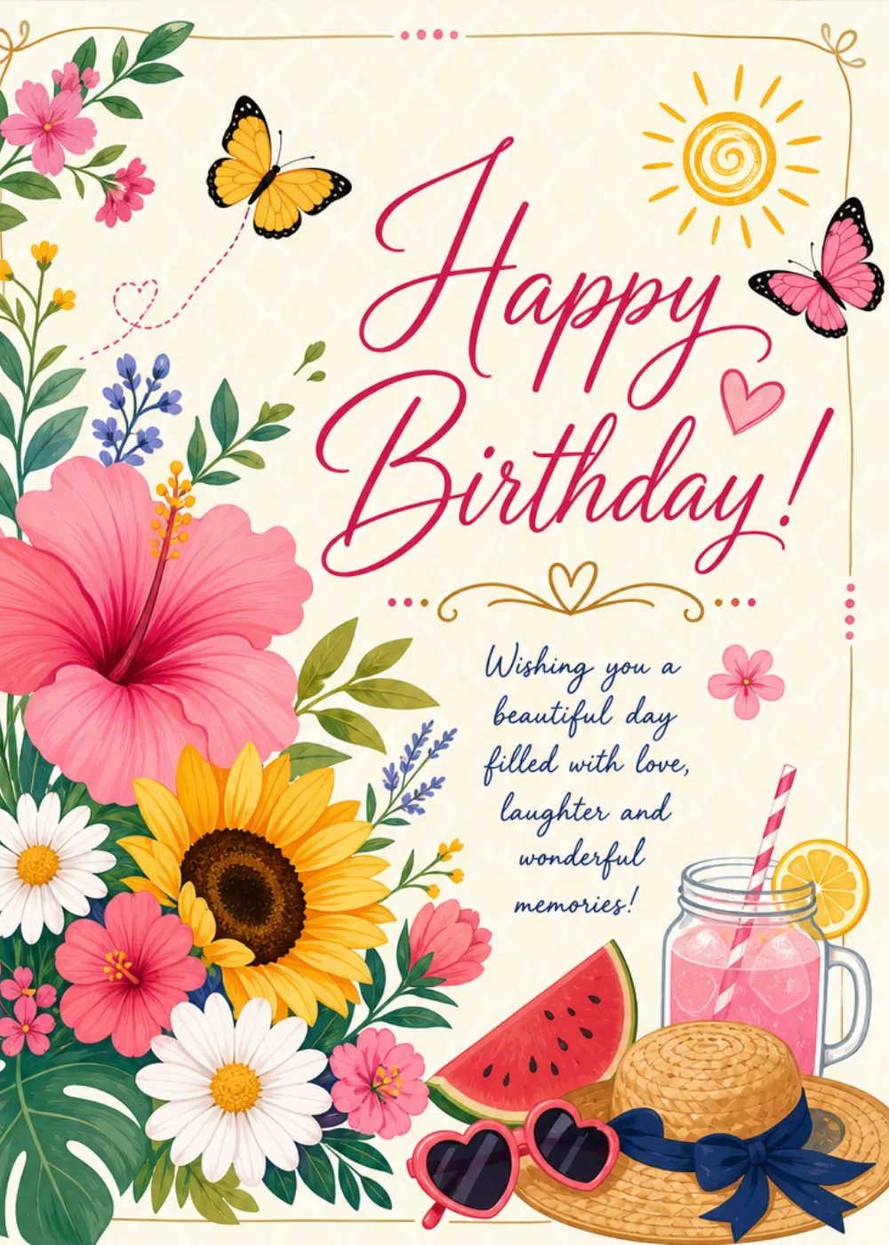 Bright summer flowers, butterflies, sun hat, and watermelon with pink script Happy Birthday