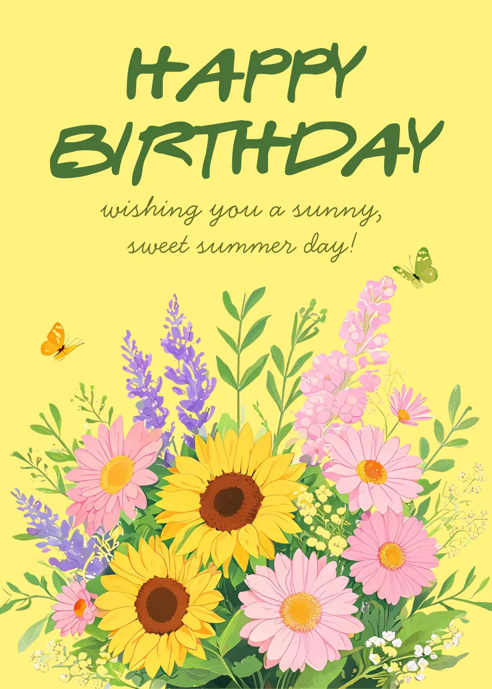 Sunflowers, pink daisies, and lavender on yellow with green text Happy Birthday and butterfly