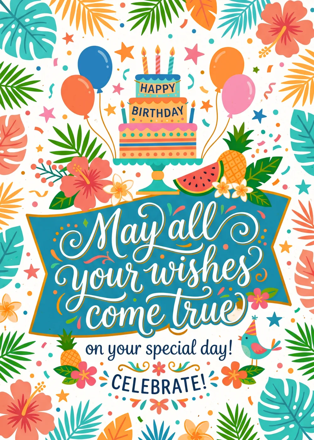 Birthday cake with candles, balloons, and tropical leaves around lettering May all your wishes come true