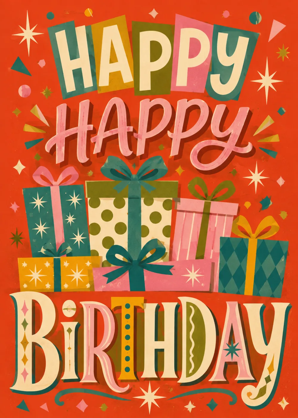 Stack of wrapped presents with bold retro Happy Happy Birthday lettering on orange red