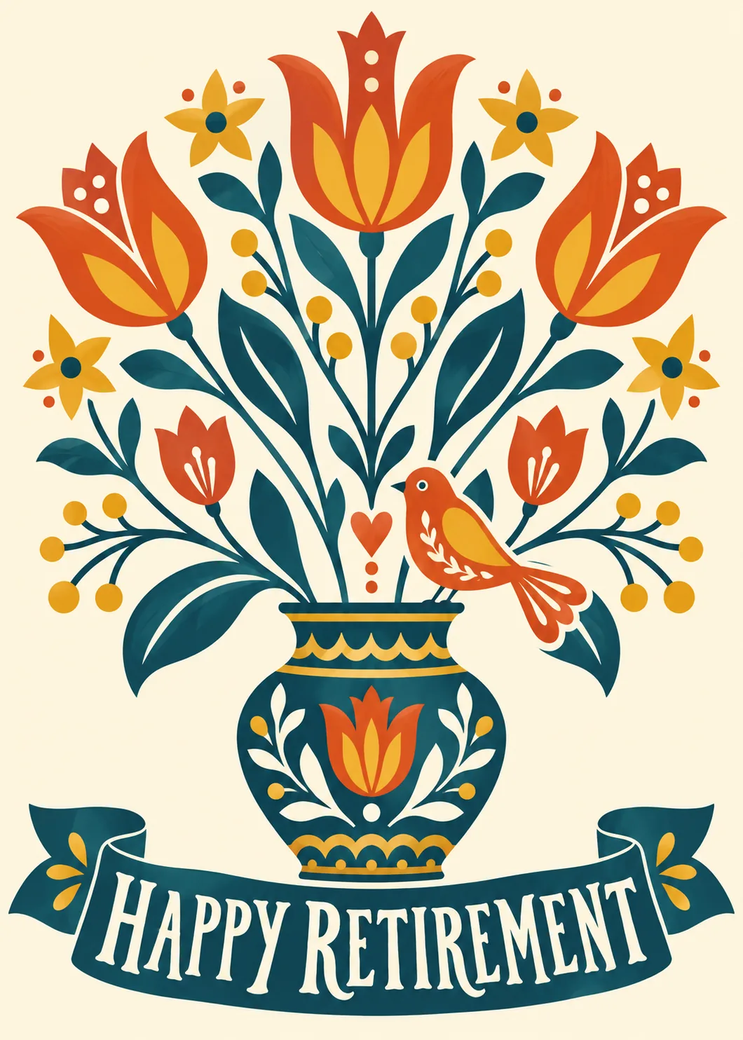Happy Retirement banner under a folk art vase of orange and yellow tulips with a bird on cream