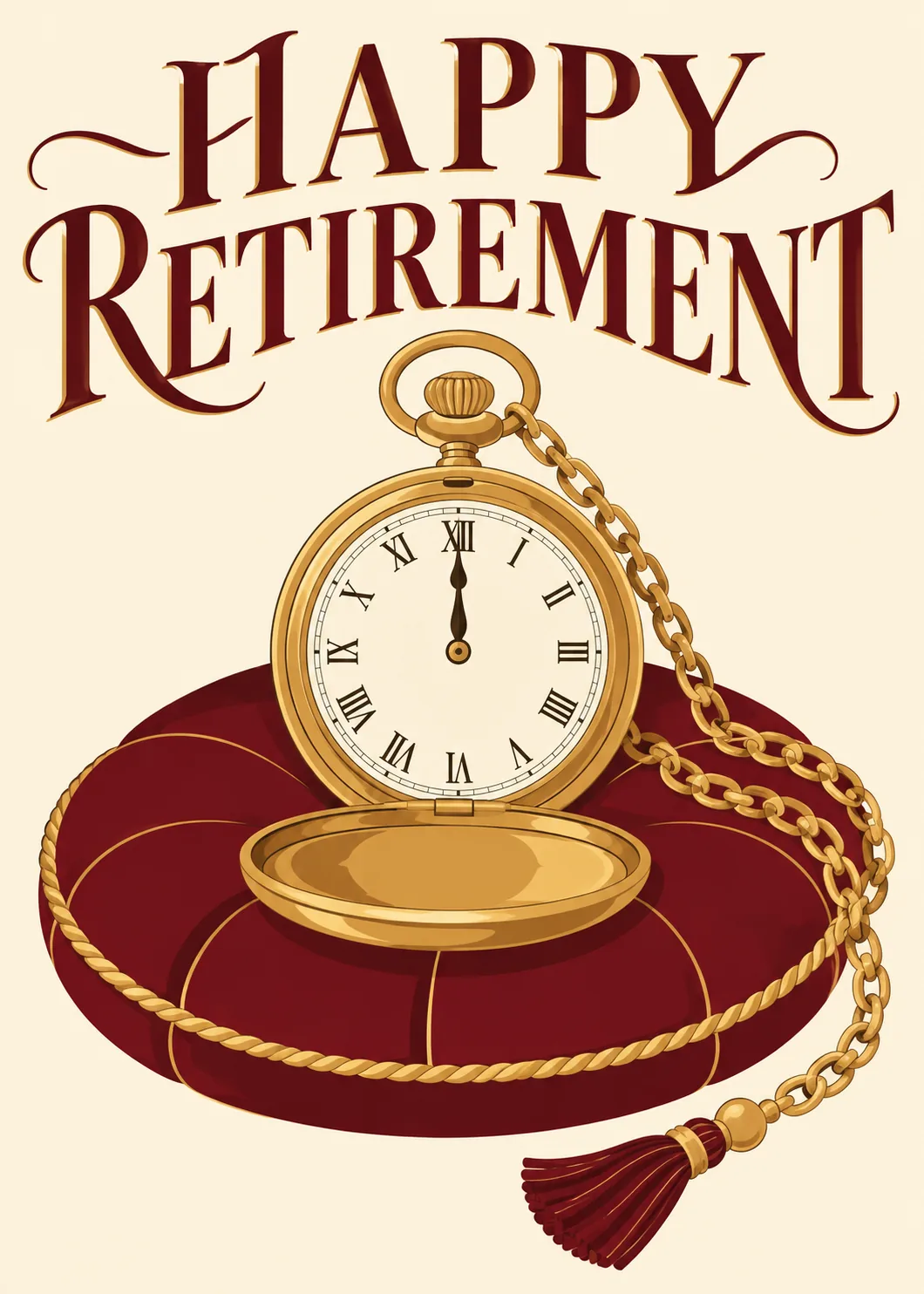 Happy Retirement card with gold pocket watch and chain on a burgundy velvet cushion, cream background, elegant script