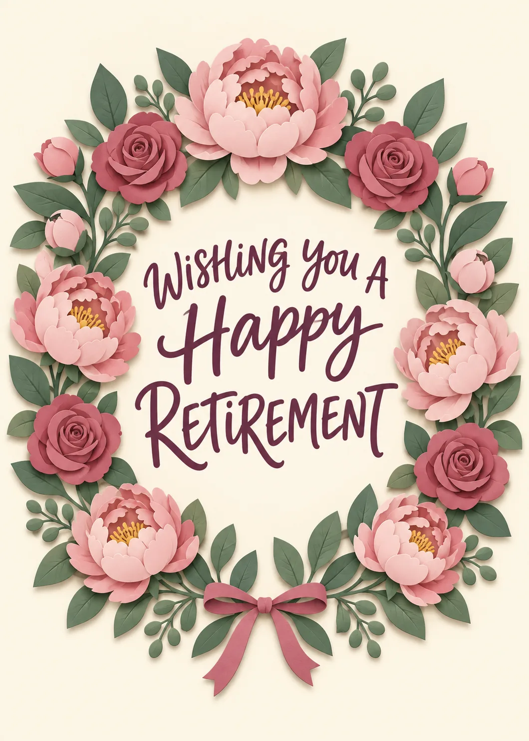 Happy retirement script in plum inside a wreath of pink peonies and roses with a bow on cream