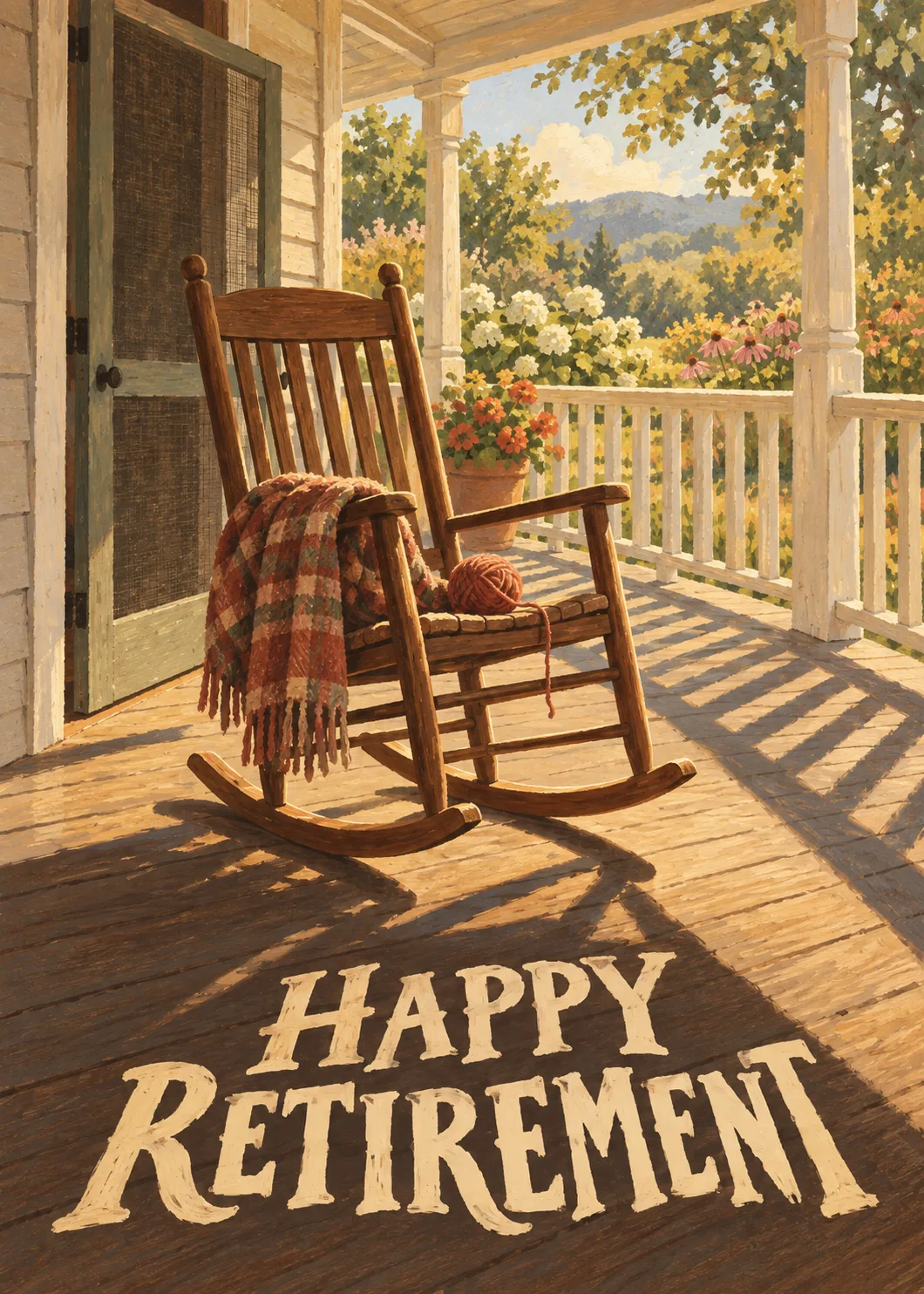 Happy Retirement card with wooden rocking chair, plaid blanket and yarn on a sunlit porch, painterly warm tones