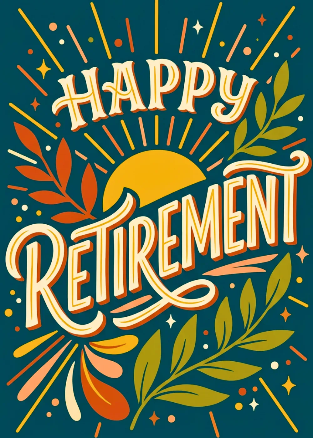 Retro cream lettering over a rising sun and olive leaves on deep teal for retirement