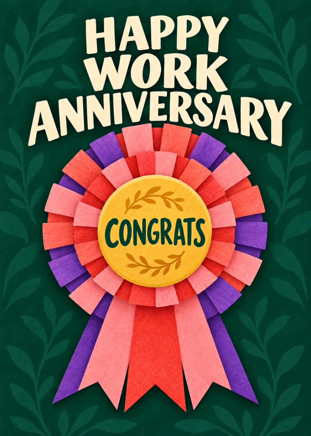 Work anniversary card with a coral and purple rosette and gold Congrats medallion on a deep green leaf pattern