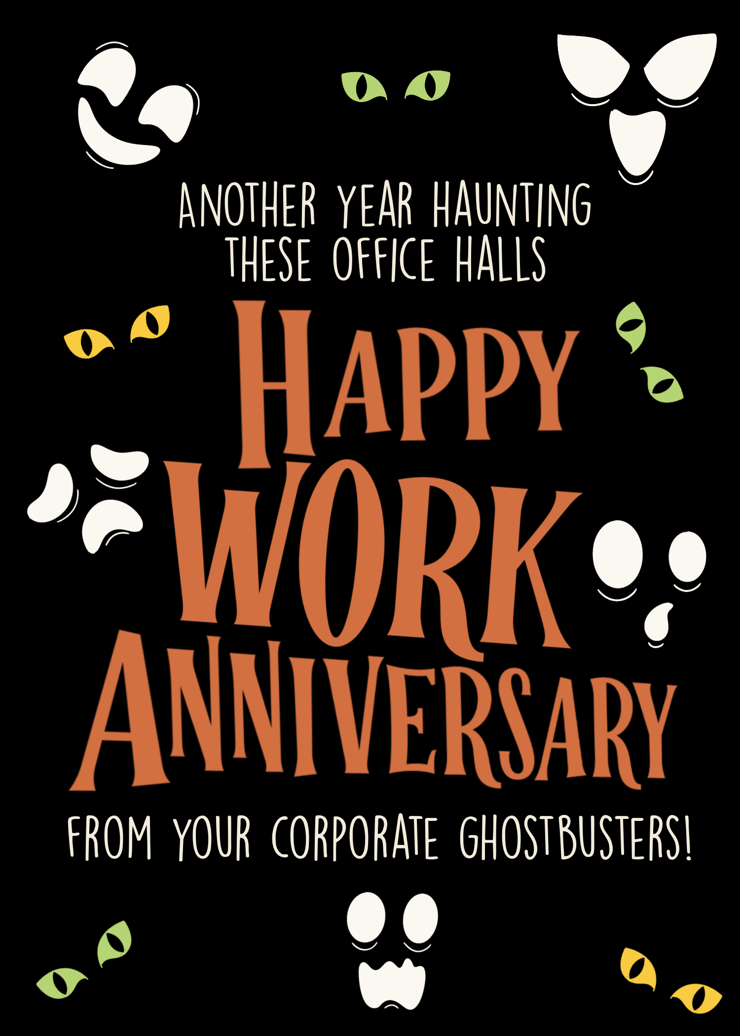 Animated friendly ghosts in an office setting with the text Happy Work Anniversary.