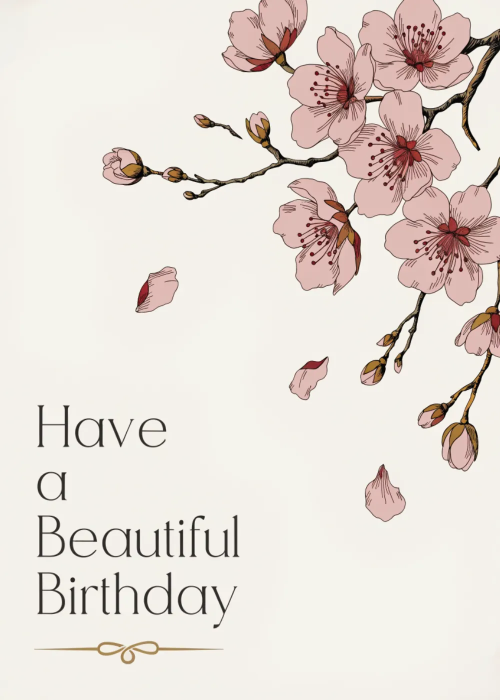 Birthday card with delicate cherry blossom branches and falling petals on cream and Have a Beautiful Birthday message