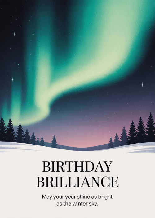 Aurora borealis in green and purple over a silhouetted pine forest and snowy ground under a starry night sky, with bold text reading Birthday Brilliance and may your year shine as bright as the winter sky