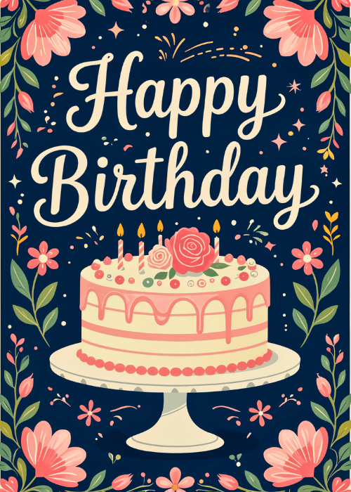 Dark navy birthday card with a layered pink drip cake on a cake stand with lit candles and a rose, framed by large pink folk-art style flowers and green leaves, with Happy Birthday in cream cursive script