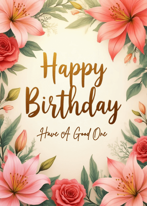 Group birthday card with a lush floral wreath of pink lilies and roses surrounding golden Happy Birthday lettering