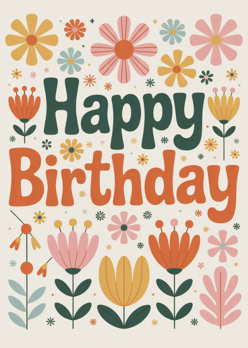 Birthday card with retro flat-art illustrated groovy flowers in warm 70s earth tones and bold Happy Birthday text