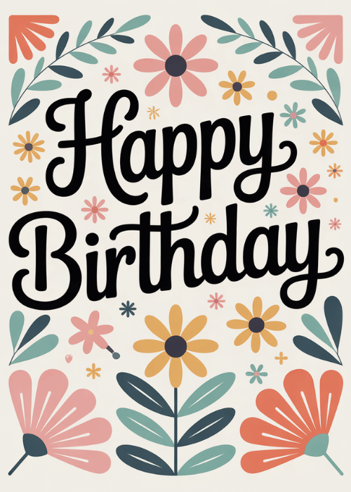 Bold Happy Birthday script in black surrounded by colorful folk-art flat flowers in pink, orange, teal, and yellow on a cream background