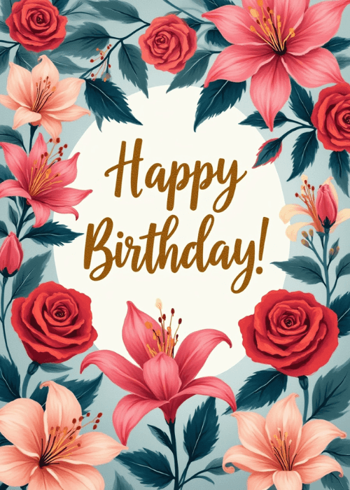Lush watercolor birthday card with red roses and pink lilies surrounding a white oval containing gold script Happy Birthday on a blue-gray background