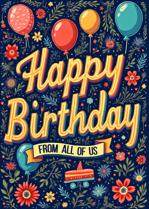 Bold Happy Birthday group card in retro golden script with colorful balloons, folk art flowers, and a birthday cake on a dark navy background; banner reads From All of Us