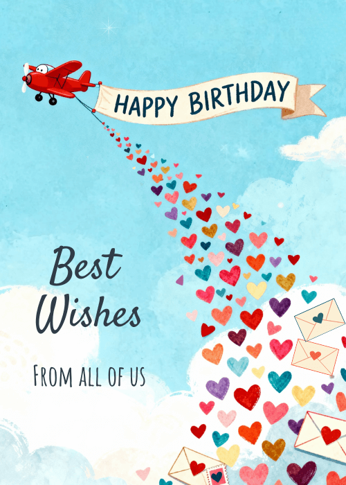 Red biplane pulling a Happy Birthday banner across a blue sky with white clouds, trailing a cascade of colorful hearts and sealed envelopes with text reading Best Wishes From All Of Us
